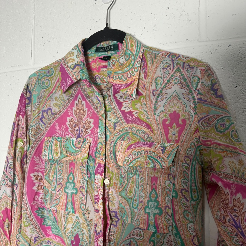Lauren Ralph Lauren Womens Pink Multi Paisley Cotton Button Down Shirt Small